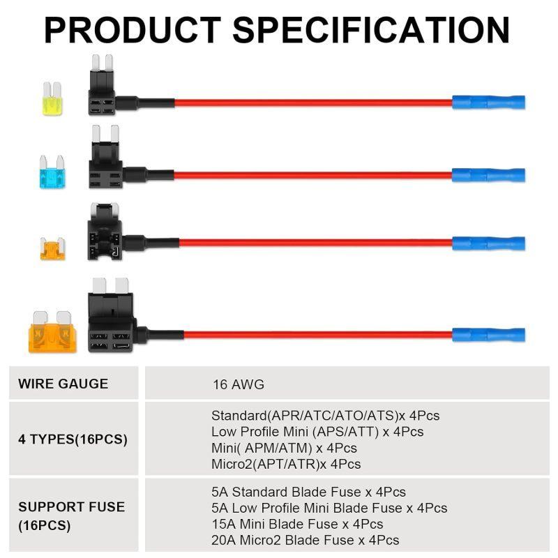 16 Stück Sicherungsabgriff, 12V Auto Stromkreis-Zusatz-Sicherungsabgriff-Kit - Standard Mini Micro2, Flache Mini-Sicherungsabgriffe, ATO ATC ATM Sicherungsadapter