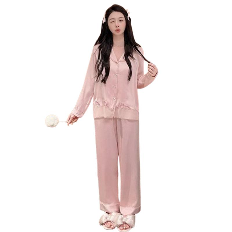 Spring and autumn new simple ice silk acetic acid pajamas women's long-sleeved trousers high-end loungewear suit can be worn outside