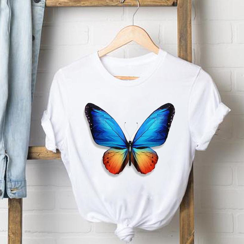 Kläder Fritidströja Kortärmad Söt fjäril Trend Söt T-shirt med tryck för kvinnor Sommarmode T-shirt Dam Kvinnlig Grafisk T-shirt