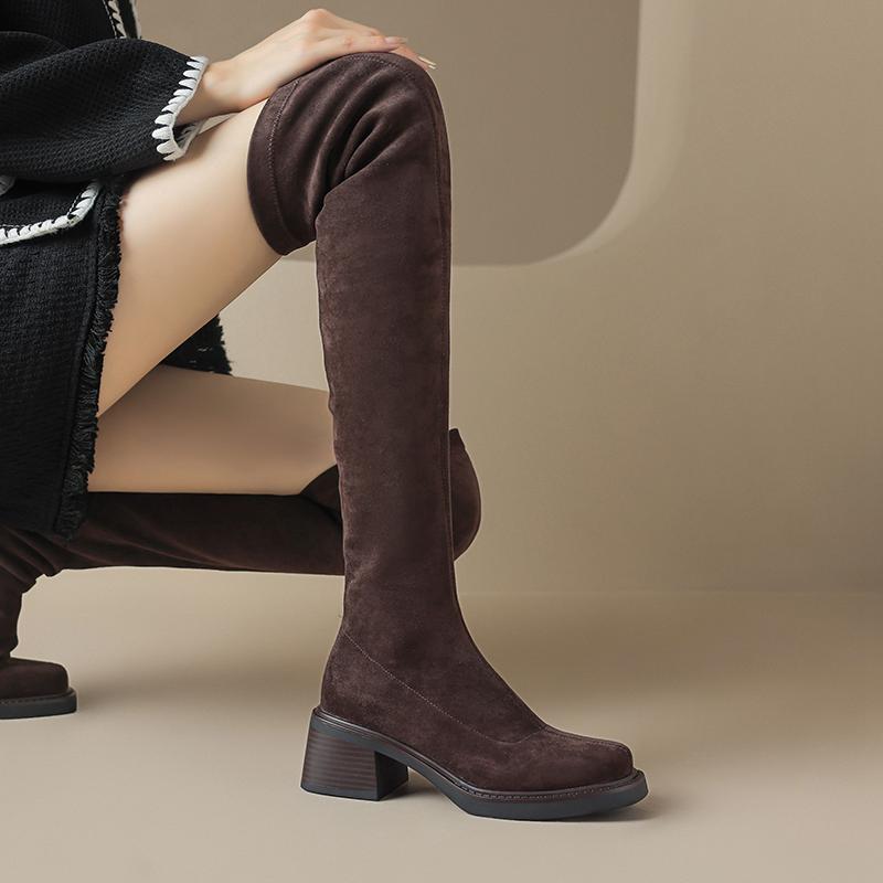 Krazing Pot Flock Autumn Winter Shoes Med Heels Size 43 Stovepipe Boots Square Toe Keep Warm Slip on Over-the-knee Boots