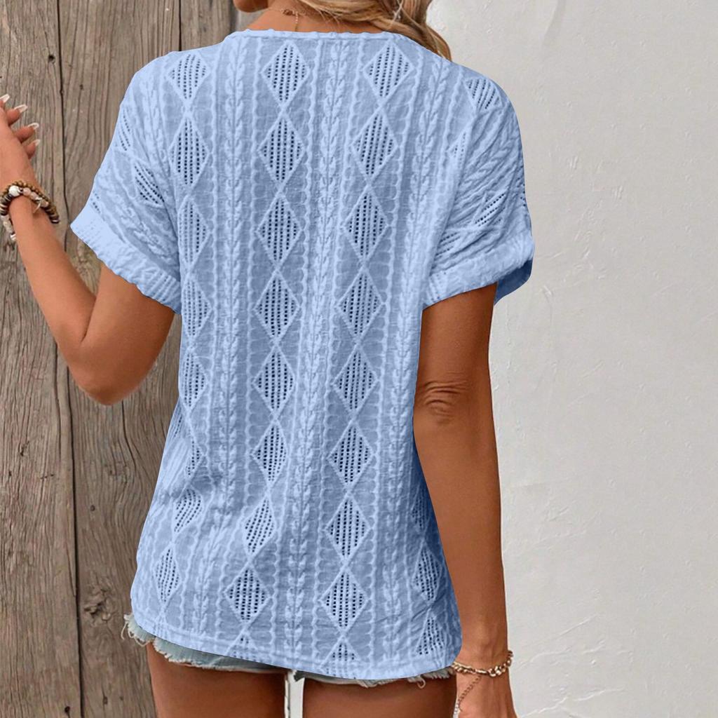 Women's Fashion Color Short Sleeve V Neck Casual Pullover T-shirt Top