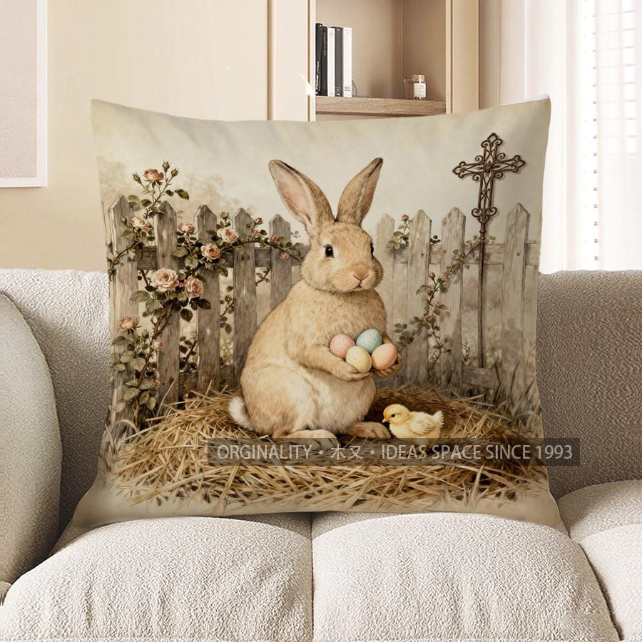 2D Rabbit With Eggs And Cross Easter-Themed Pillow Pattern Cushion Cover Suitable For Sofa Bedroom Car Pillow Cover