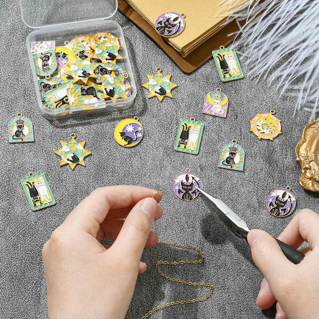 UR URLIFEHALL 40 Pcs 8 Styles Enamel Tarot Charms Colorful Tarot Card Charms Black White Cat Sun Moon Charms for Bracelet Necklace Earrings Jewelry