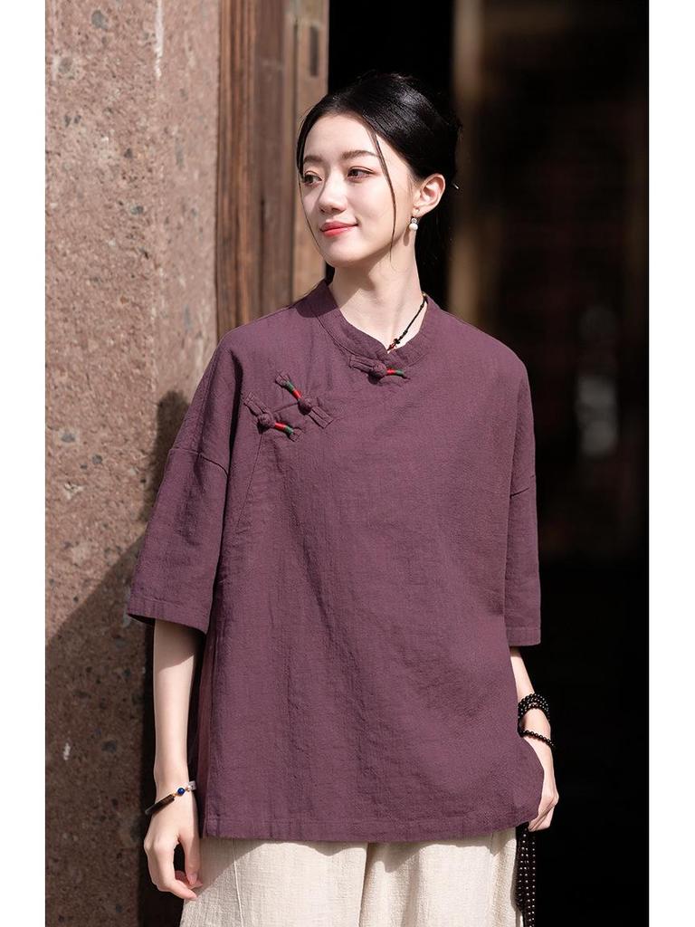 Women's Summer Cotton Linen Retro Stand Collar Top with Frog Buttons and Color Block Design