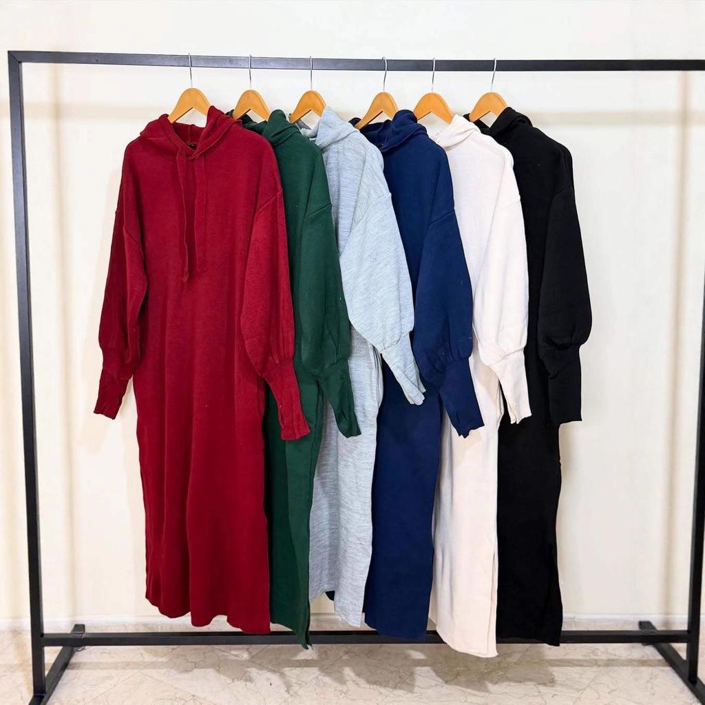 2025 Autumn Women's European & American Knit Sweater Dress with Elastic Lantern Sleeves and Hood
