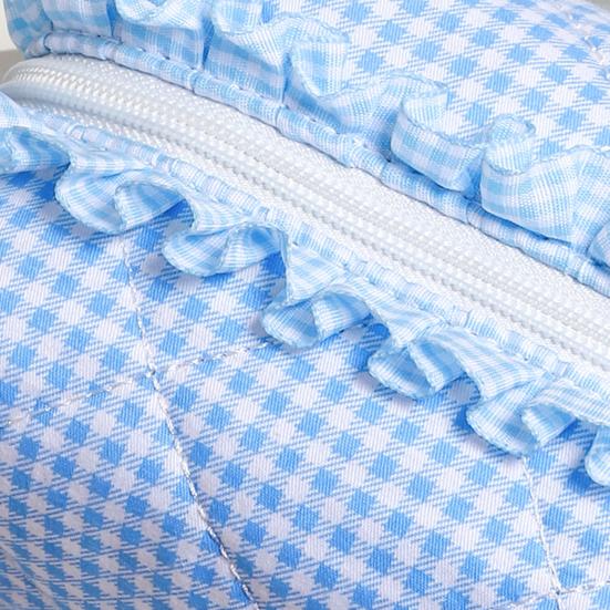 Cosmetic Bag with Contrast Color Bracelet Embellishment Ruffle Decoration Makeup Organizer Plaid Quilting Design Makeup Bag