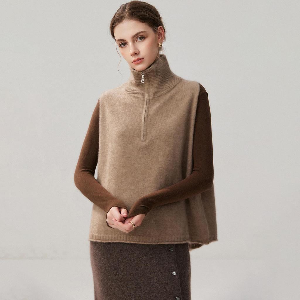 Women's High Neck Cashmere Knit Vest, Half Zip & Sleeveless, Versatile Autumn/Winter Sweater, Cardigan, Shawl Cape.