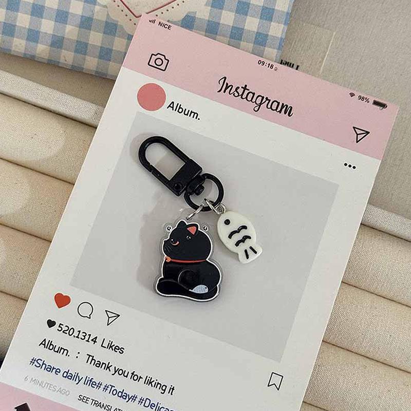 Kawaii Black Cat Little Fish Keychain Cute Cartoon Kitten Acrylic Keyring Couple Key Holder Bag Pendant Hanging Decoration Gifts