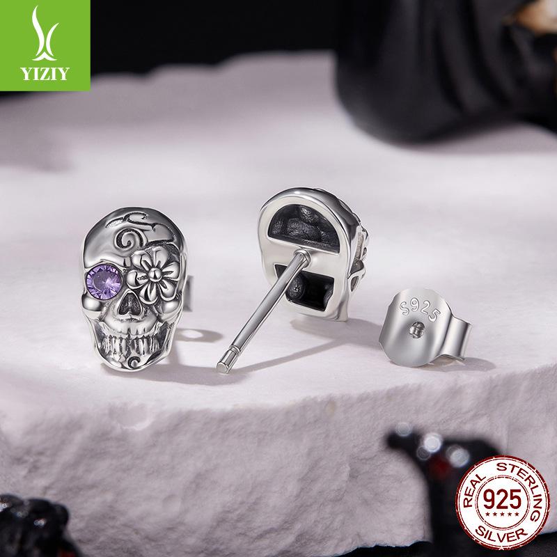 Halloween Skull Stud Earrings Male And Female Personality Mysterious S925 Sterling Silver Dark Wind Stud Earrings
