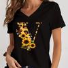 Women's V-Neck T-Shirt Sunflower Leopard Print Letter B Tee Top Floral Animal Print Initial Casual Tee A-Z 26 Alphabet Clothes