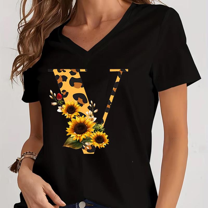 Women's V-Neck T-Shirt Sunflower Leopard Print Letter B Tee Top Floral Animal Print Initial Casual Tee A-Z 26 Alphabet Clothes