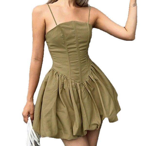 European and American new tight fishbone bubble mini skirt summer new pleated slim suspender fluffy dress