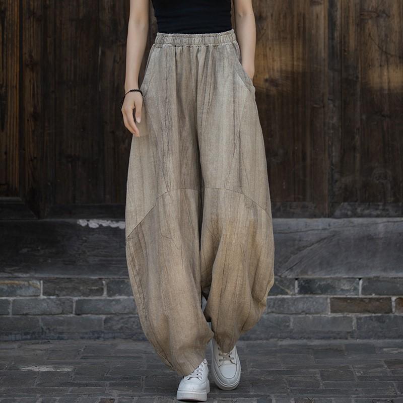 

Johnature Жіночі вінтажні шаровари Штани з гумкою на талії Літні штани з кишенями в стилі тай-дай Довгі штани колір світло кави