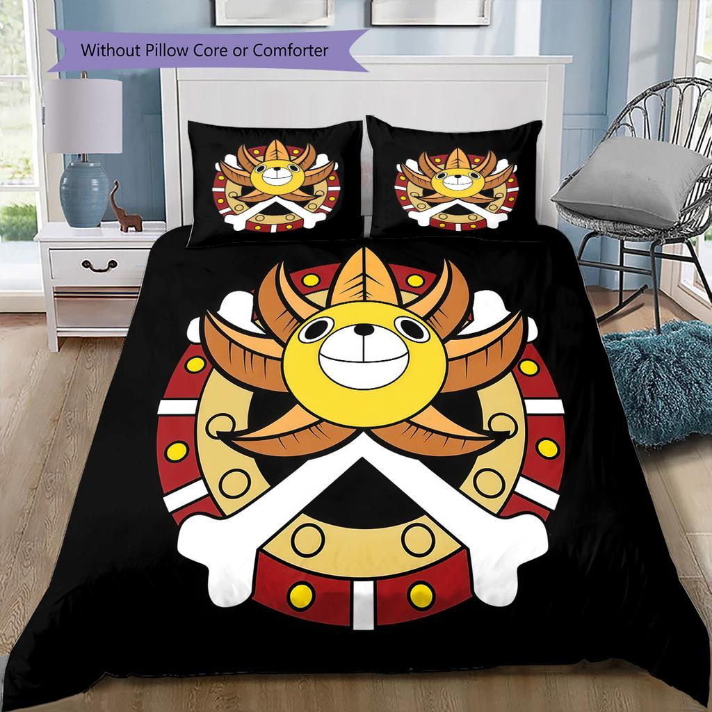 One Piece Jolly Roger Logo Pattern Bedding Quilt Set Quilt Cover Pillowcase Home Birthday Gift(1 * duvet cover + 2 * pillowcase, without core)