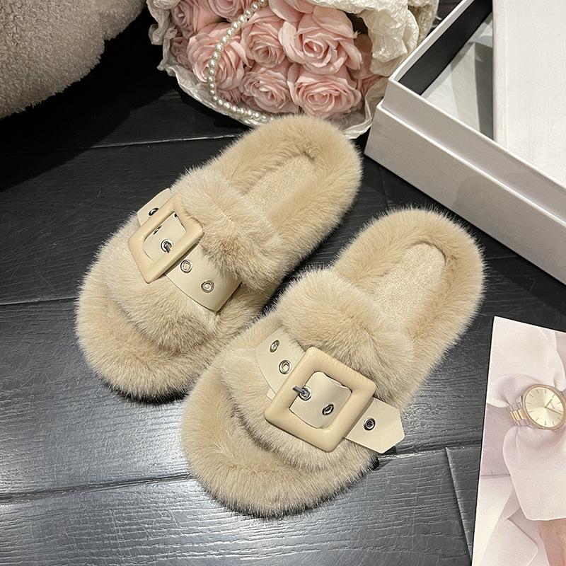 Thick-bottomed fluffy slippers for women to wear outside autumn and winter new versatile fairy wind belt buckle cotton mop