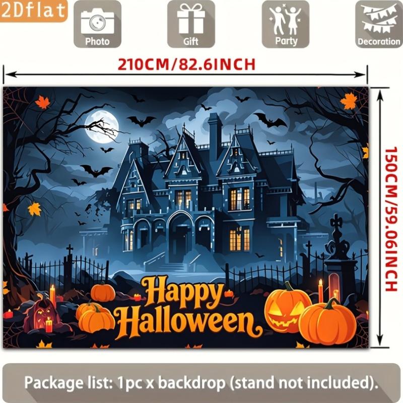 2D flat banner 1 piece of banner Ghost house in the dark Pumpkin bat Halloween night scene printed background cloth