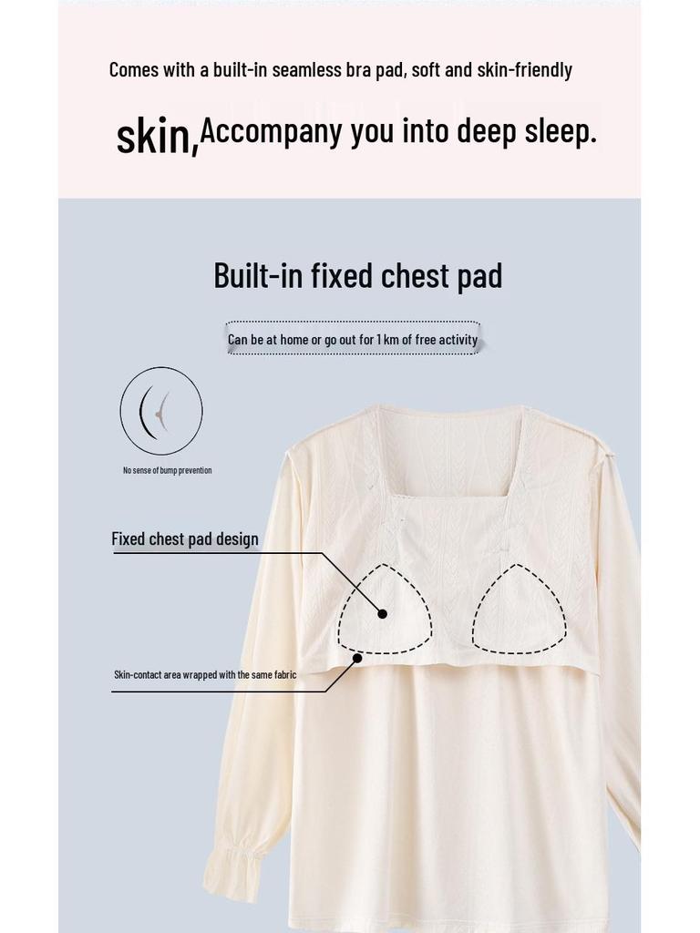 Women's Cotton Pajama Set with Chest Pads - Long Sleeve Cute Princess Style for Spring, Autumn, Winter