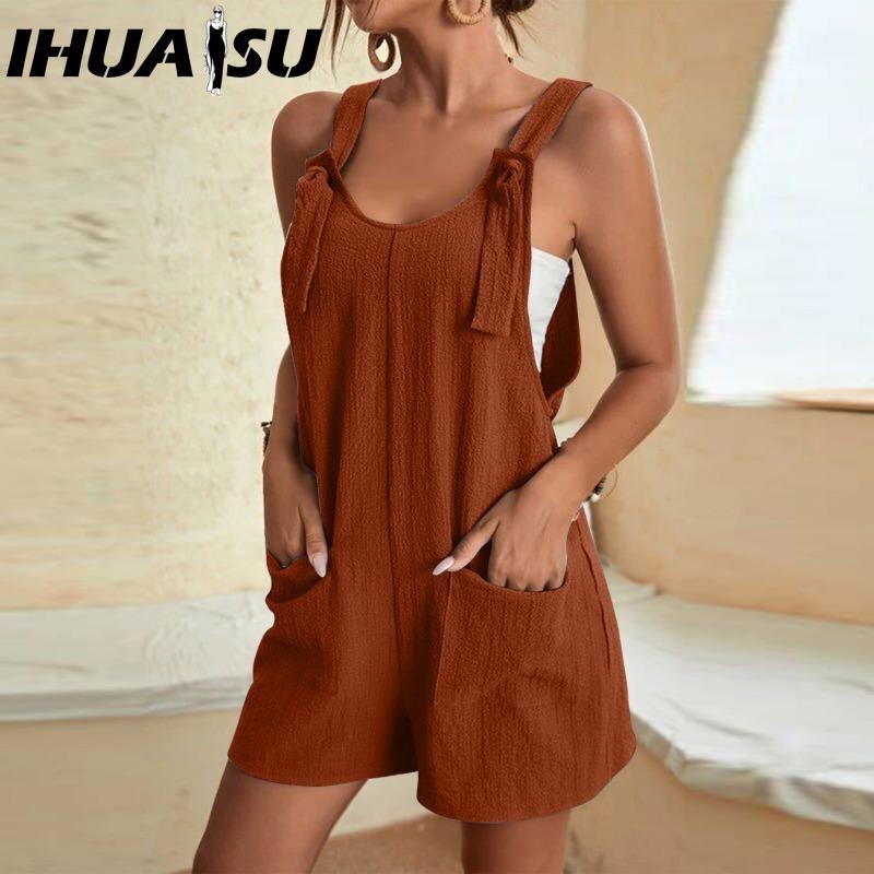 IHUASU Damenmode, lässig, einfarbig, bedruckt, Sommer, Frühling, ärmellos, Hosenträger, Hosen, Overalls und Strampler