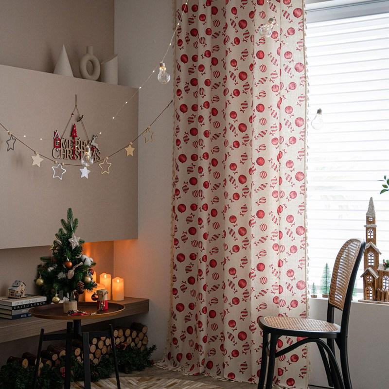 

Christmas Cartoon Candy Cotton Linen Window Curtain with Tassels Blackout Drapes Festive Decoration Living Room Bedroom Curtain W150 x H45cm&Threading Rod