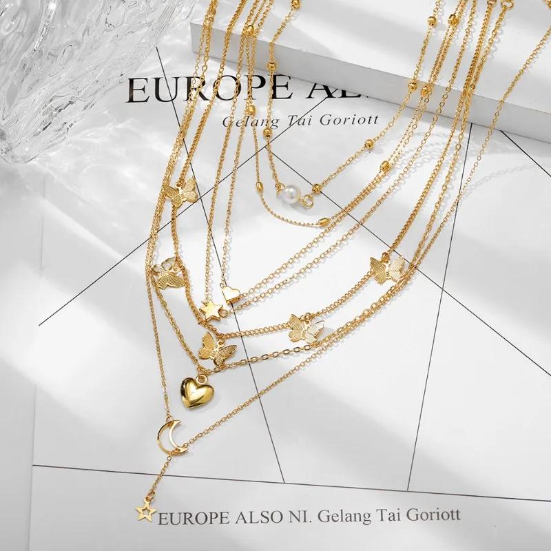 6-teiliges Halsketten-Set mit schlichtem Temperament, schönem Schmetterling, Stern und Mond, beliebtes Damen-Halsketten-Set für Frauen