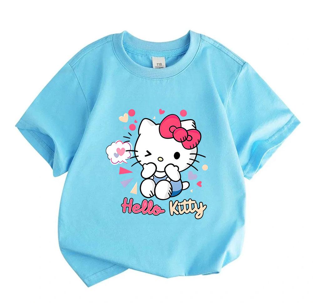 Kids Boys Girls Crew Neck Short Sleeve 100% Cotton T-Shirt, Cute Winking Cat Print Casual Soft Breathable Tee for Little Children Daily Wear Party Hol