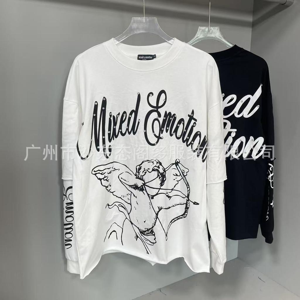 Cross-border Beauty Tide MIXED EMOTION Retro Full Print Handmade Diamond Letter Hooded Sweater Men's and Women's Coats