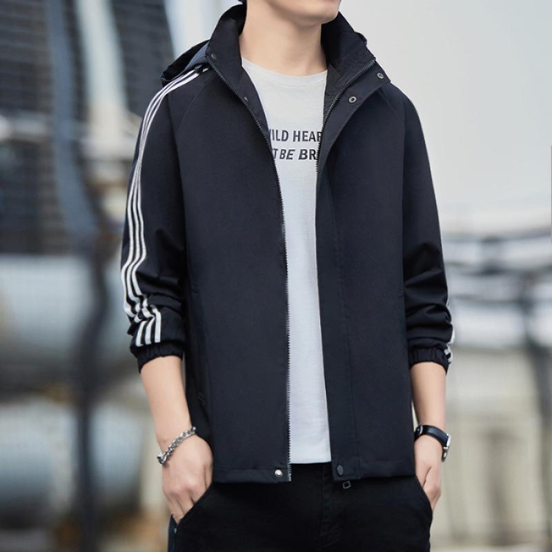 Hooded Men s Spring and Autumn Jackets, Three-bar Men s Coats, Trendy and Casual Men s Thin Trench Coats M