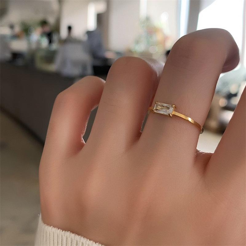 18K Gold-Plated Square Diamond Ring for Women: European & American Fashion, Available in Four Colors, Titanium Steel.