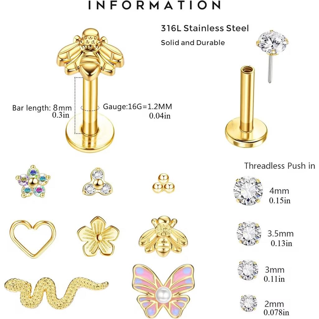 Cross-Border Explosions Electroplated Puncture Jewelry Stainless Steel Labret Lip Nails Butterfly Snake Temperament Nose