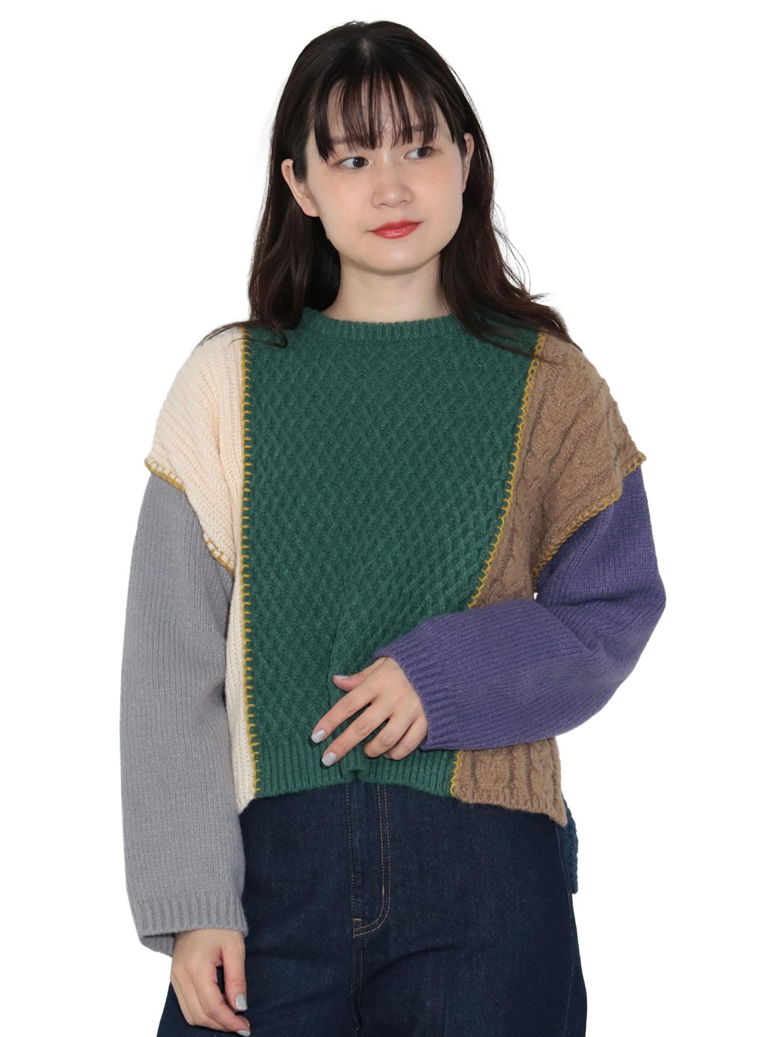 

Knit Patchwork Color Scheme Pullover Knit GREEN ONE SIZE [Beams Heart] L/S Women s зелений