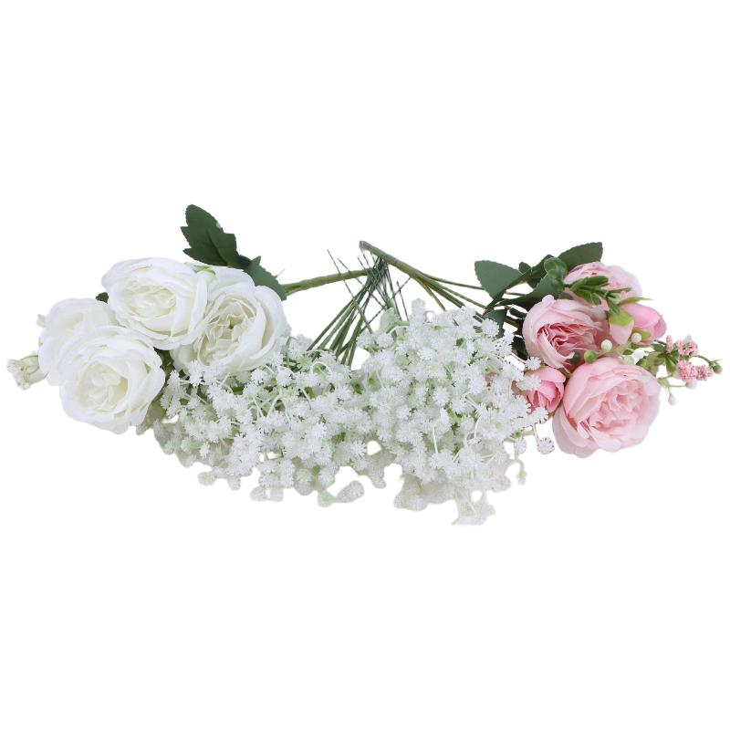Artificial Rose and Gypsophila Set Lifelike Faux Flower Bridal Hand Bouquet for Wedding Prop Party Event Decor