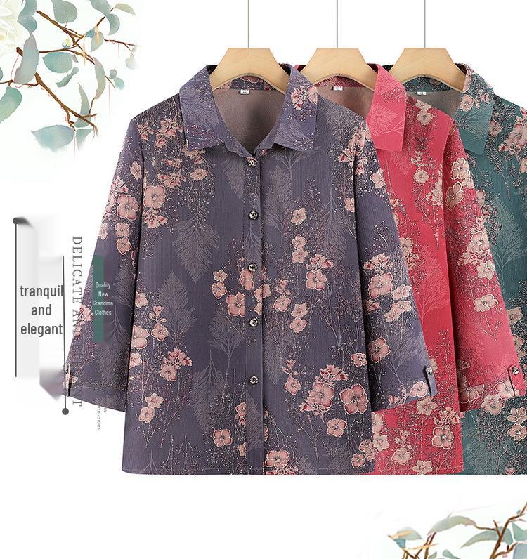 Grandma Chic Seven-Sleeve Lightweight Blouse for Elderly Women - Plus Size Summer Top