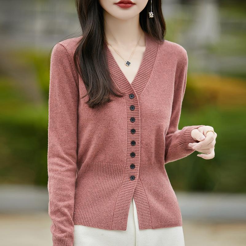 Damen Strickjacke mit langen Ärmeln, V-Ausschnitt, Eleganter Strickpullover