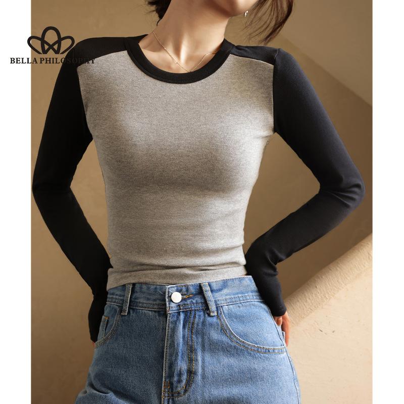 Cămașă de bază cu mâneci raglan, din bumbac, cu gât rotund, cu mâneci lungi, pentru slăbire interioară, de toamnă.