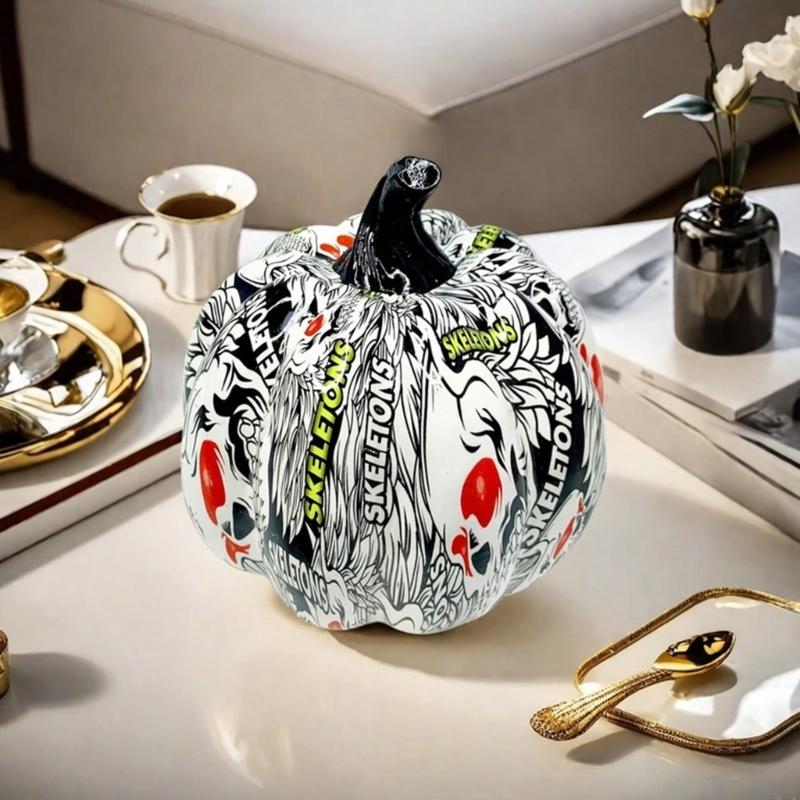 Hall Cabinet Skull Pumpkin Figure with Paint Pattern for Holiday Indoor Shelf Table Room for Mantels Entryway and Home