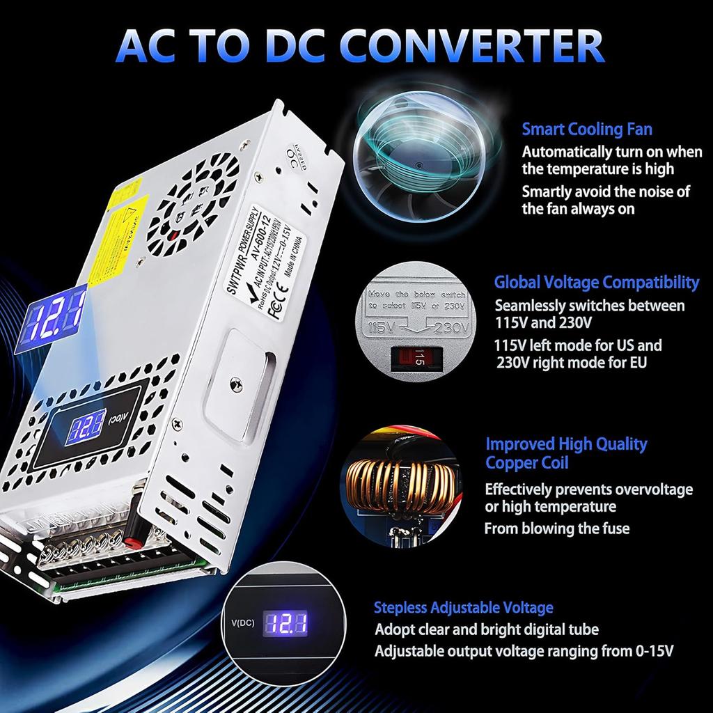 12V 600W Adjustable DC Power Supply 0-12V with LED Display for LED, Car Stereo, Electronics