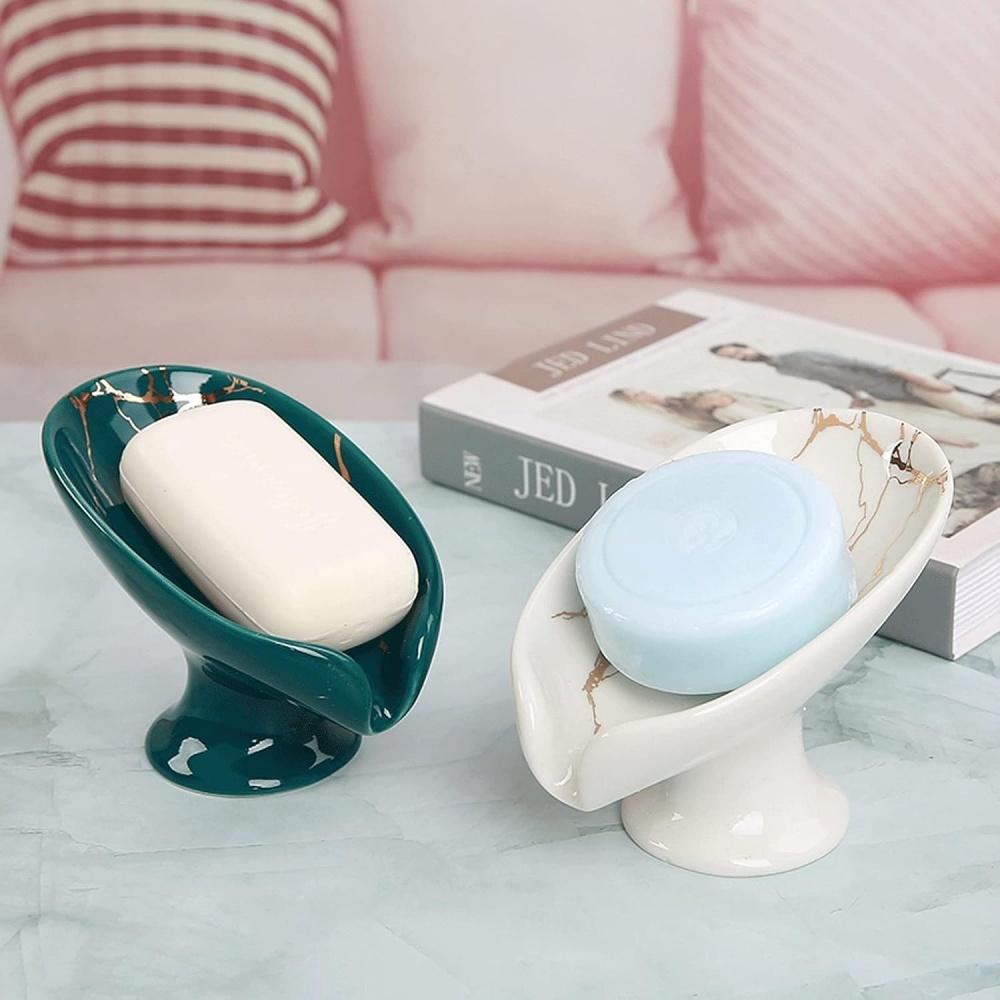 NEW 1PC Ceramic Leay Shower Soap Holder Bathroom Suppliesaf Shape Box Water Guide Hole Dish Storage Plate Tr