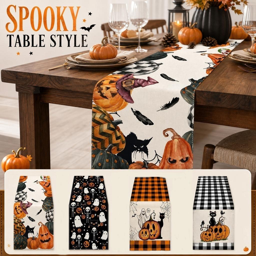Halloween Linen Table Runner 7213 Inches - Pumpkin and Pattern for Fireplace TV Stand Dining Table