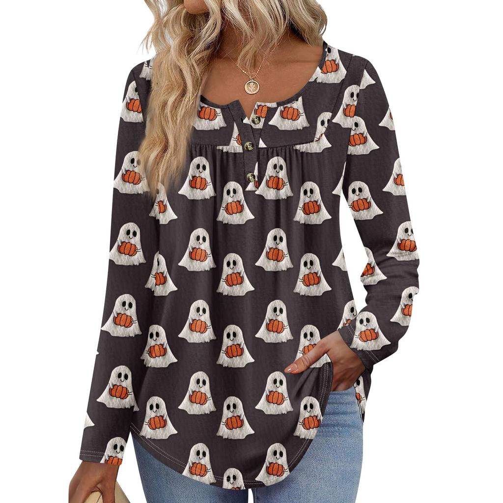 Dame Langermet Tunika Løse Topper Casual Oversized Topper Plissert Tunika Knapper Ned Casual Dame Print Topper