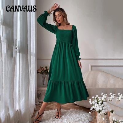Spring and Autumn Women's Dress Square Neck Long Sleeve Ruffle High Waist Tight Temperament Commuter Dresses