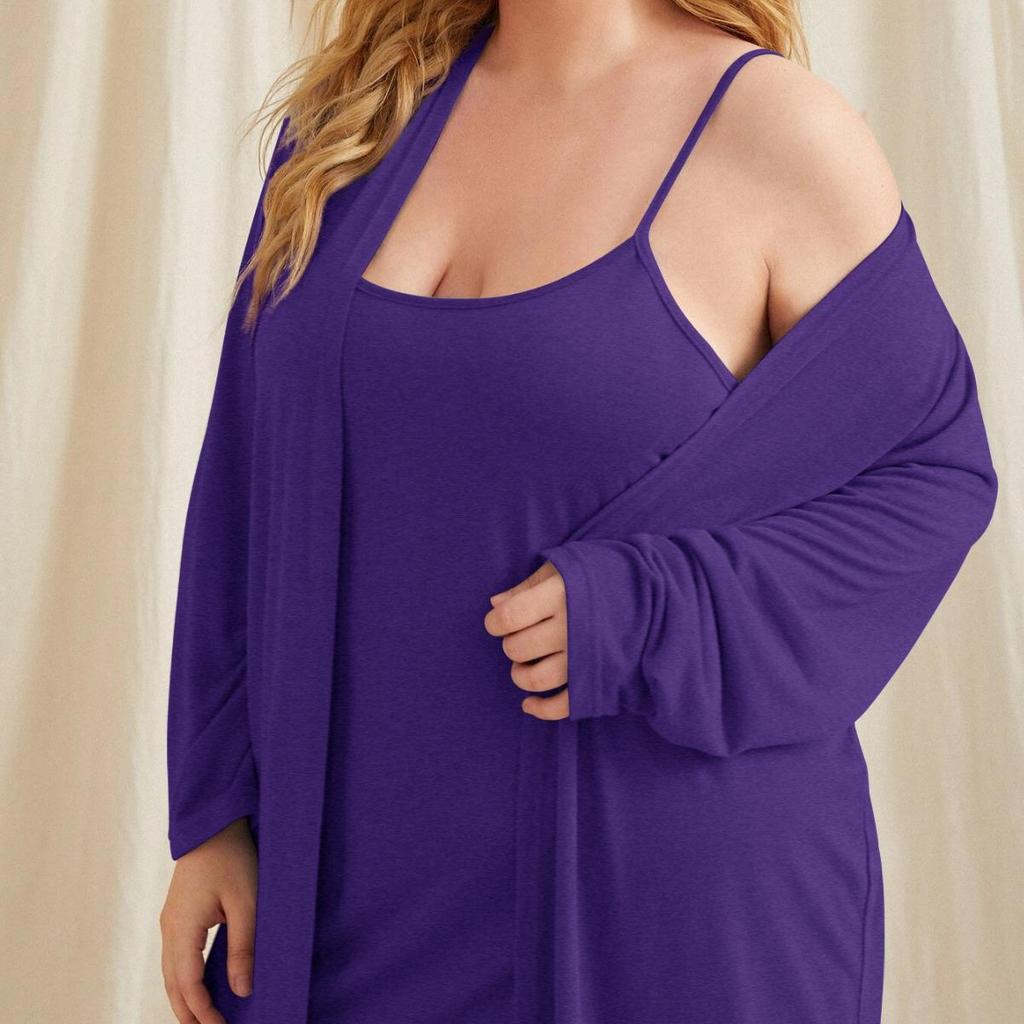 Damen Übergröße 2-teiliges Pyjama-Set: Frühlings-Herbst-Komfort mit Nachthemd, Morgenmantel & Strapsen