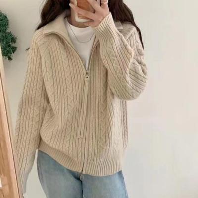 Cardigan pull torsadé uni à double fermeture éclair pour femme, automne et hiver