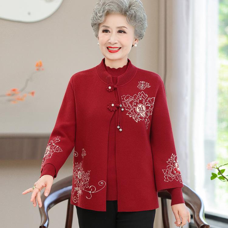 Grandma's Autumn Sweater Cardigan, Middle-aged and Elderly Clothes, Two-piece Suit for Women and Old Ladies, 60 Years Old and 70 Mother's Coat