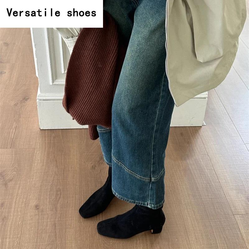 Stivaletti Corti da Donna a Punta, Slim, con Cerniere Posteriori alla Moda, Stivaletti alla Caviglia, Stile Retrò, Tacchi Quadrati, Scarpe Autunno Inverno