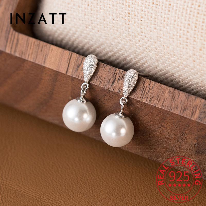 INZATT Real 925 Silver Full Zircon Water Drop Pearl Pendant Stud Earrings for Women OL Fine Jewelry Luxury Accessories