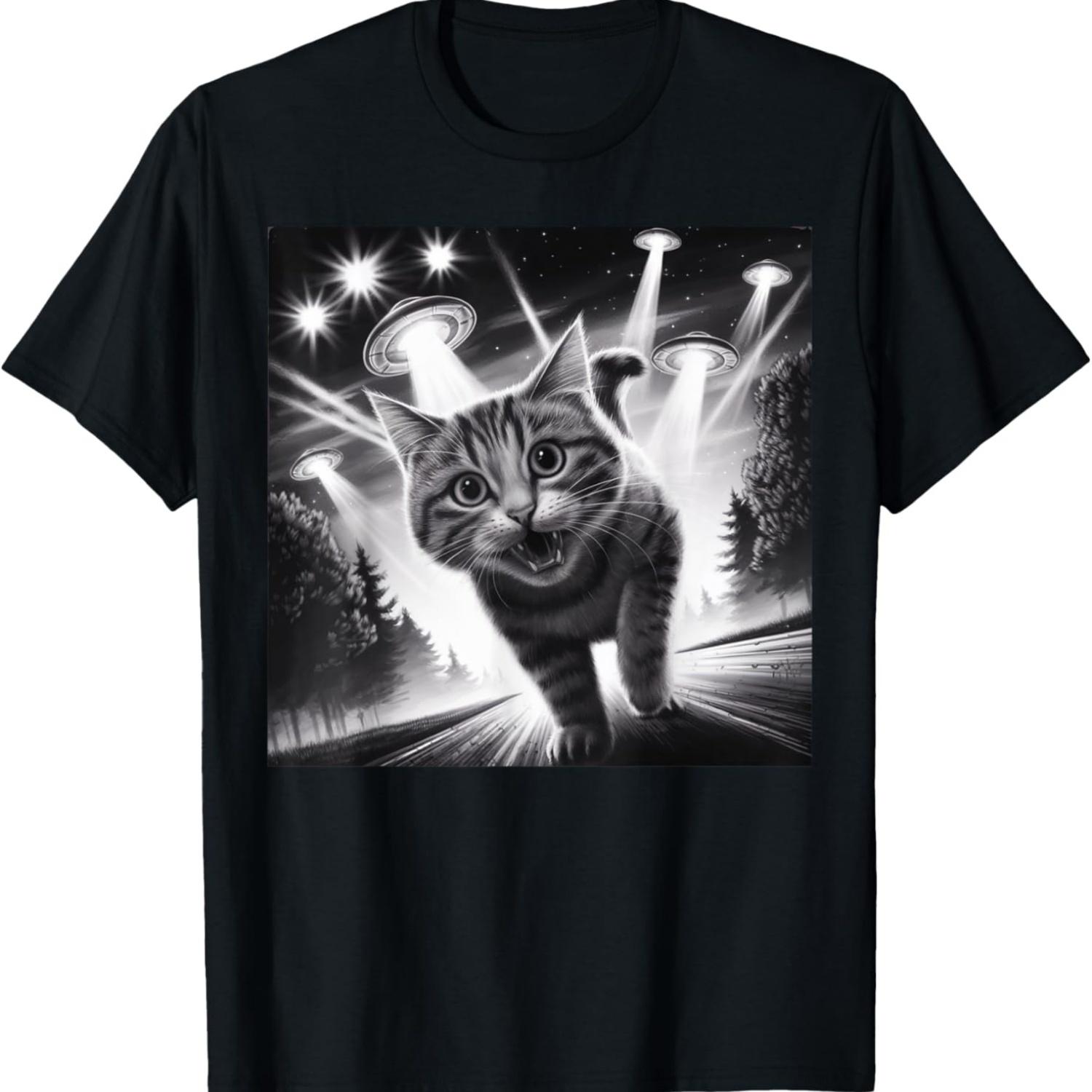

Funny Cat Selfie With Cat UFO Meme Cat Meme Alien Invasion T-Shirt for Men Women Girls Kids S чёрный