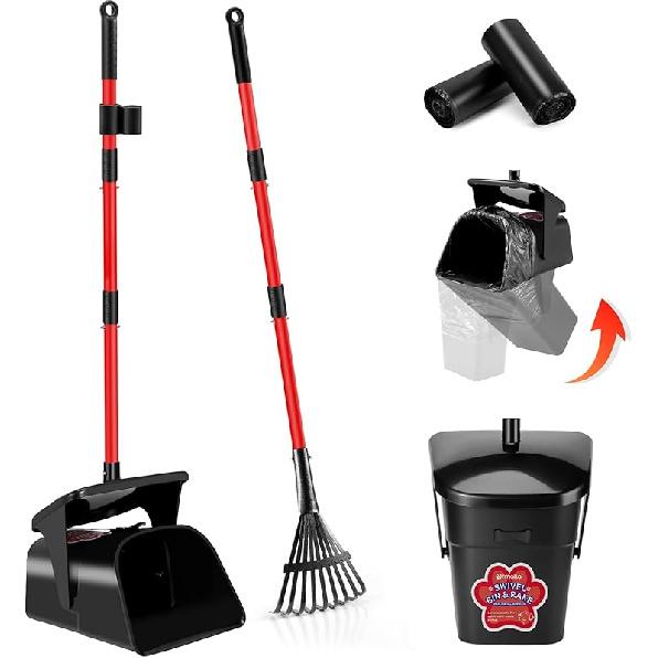 Pooper Scooper Swivel Bin and Rake with 60 Waste Bags, Heavy Duty Dog Poop Scooper for Large Medium Small Dogs, Long Stainless Steel Handle Use on Red Swivel Bin & Rake