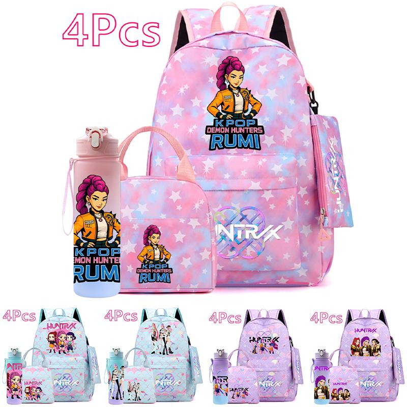 4-teiliges/Set K-POP Bedruckter Rucksack Große Kapazität Schultasche Handtasche Etui Tasche mit 750 ml Wasserflasche Junge Mädchen Schultasche wasserdicht Reisetasche Mochila