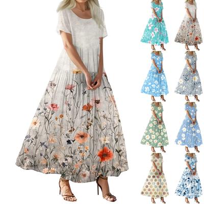 Robe longue d'été décontractée à imprimé floral pour femme, manches courtes, col rond, taille haute, coupe trapèze, fluide, style bohème