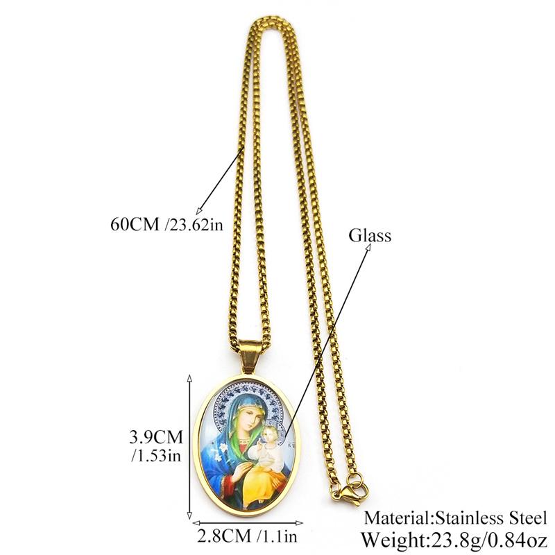 Virgin Mary Baby Jesus Glass Medal Pendant Necklace for Women Men Stainless Steel OUR LADY Catholic Amulet Chain Jewelry Gift